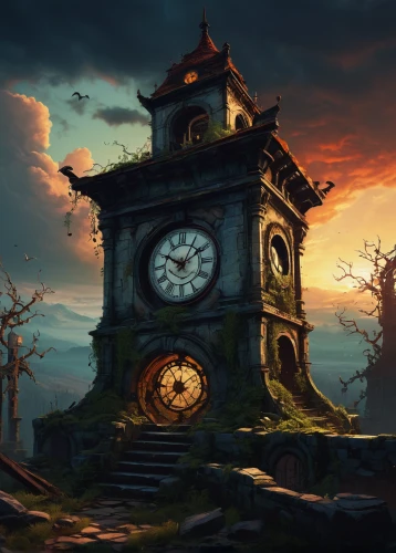 clockmaker,grandfather clock,clock tower,old clock,clock,fantasy landscape,clock face,witch's house,watchmaker,dusk background,time spiral,clocks,lostplace,ancient house,tower clock,fantasy picture,out of time,world digital painting,halloween background,flow of time,Art,Classical Oil Painting,Classical Oil Painting 37