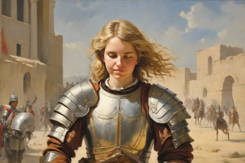 joan of arc,girl in a historic way,female warrior,paladin,girl with bread-and-butter,portrait of a girl,warrior woman,girl with gun,young woman,crusader,bougereau,girl in a long,st george,girl praying,épée,girl with a wheel,the girl's face,blonde woman,mystical portrait of a girl,girl with a gun,Digital Art,Classicism