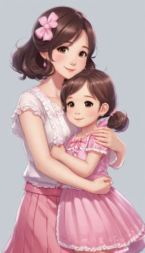 little girl and mother,mom and daughter,little girl in pink dress,mother and daughter,hanbok,little girls,kimjongilia,baby with mom,children girls,pink family,sisters,porcelain dolls,doll looking in mirror,mother and child,doll dress,mother with child,two girls,soft pastel,lilo,nanny,Illustration,Japanese style,Japanese Style 01