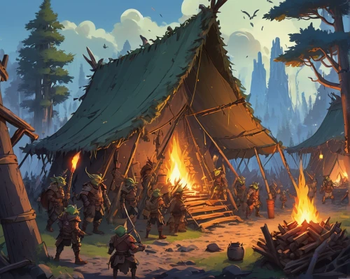 iron age hut,mountain settlement,knight tent,druid grove,northrend,campsite,teepee,wigwam,tepee,campfires,teepees,tipi,devilwood,nomads,concept art,thermokarst,tents,knight village,dwarves,elves,Illustration,Japanese style,Japanese Style 03