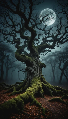 celtic tree,magic tree,the branches of the tree,haunted forest,fantasy picture,creepy tree,forest tree,isolated tree,the roots of trees,old gnarled oak,halloween bare trees,enchanted forest,oak tree,moonlit night,old tree,dragon tree,black forest,tree thoughtless,forest dark,crooked forest,Art,Classical Oil Painting,Classical Oil Painting 21