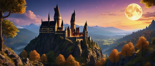 hogwarts,fantasy landscape,fairy tale castle,fantasy picture,fairytale castle,castle of the corvin,knight's castle,gold castle,hot-air-balloon-valley-sky,world digital painting,fantasy world,gothic architecture,fairytale,fantasy art,fantasy city,cartoon video game background,magical adventure,castel,mountain settlement,elves flight,Illustration,American Style,American Style 10