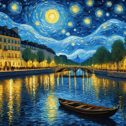 starry night,night scene,art painting,post impressionism,italian painter,river seine,oil painting on canvas,vincent van gogh,french digital background,vincent van gough,watercolor paris,universal exhibition of paris,moonlit night,grand canal,orsay,starry sky,canals,romantic night,france,meticulous painting,Photography,General,Realistic