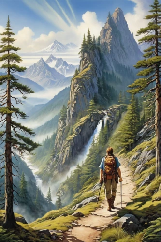 mountain scene,mountain guide,alpine crossing,the wanderer,the spirit of the mountains,salt meadow landscape,landscape background,mountain landscape,mountain world,adventurer,hiker,wanderer,hiking path,free wilderness,mountain hiking,mountainous landscape,background image,high landscape,mountains,pilgrimage,Illustration,Realistic Fantasy,Realistic Fantasy 14