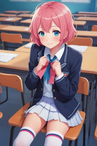 bulli,sitting on a chair,mc,classroom,cinnamon roll,classroom training,uruburu,sitting,kawaii,academic,school clothes,sit,mock strawberry,school desk,ram,kotobukiya,takoyaki,strawberry,blushing,school uniform,Conceptual Art,Oil color,Oil Color 19