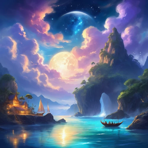 fantasy landscape,fantasy picture,monkey island,an island far away landscape,landscape background,sea landscape,fantasy art,boat landscape,purple landscape,moonlit night,world digital painting,dream world,coastal landscape,ocean background,moon and star background,dreamland,ocean paradise,dusk background,cartoon video game background,fantasy world,Illustration,Realistic Fantasy,Realistic Fantasy 01