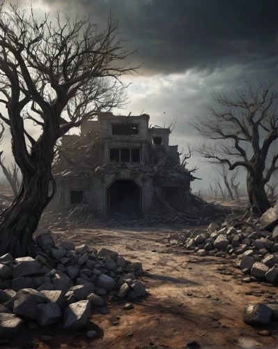wasteland,post-apocalyptic landscape,desolation,ruin,scorched earth,barren,ancient house,arid landscape,desolate,ruins,abandoned place,ghost castle,ghost forest,digital compositing,wukoki puebloan ruin,eroded,post-apocalypse,ancient city,lost place,the ruins of the,Illustration,Realistic Fantasy,Realistic Fantasy 16