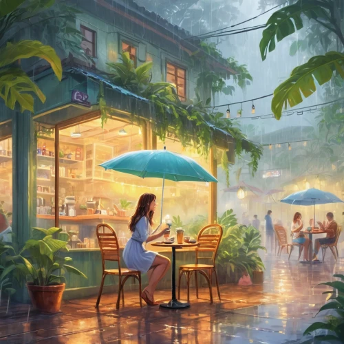 watercolor cafe,hanoi,watercolor tea shop,umbrellas,woman at cafe,summer umbrella,the coffee shop,coffee shop,evening atmosphere,rainy day,food court,summer evening,umbrella,rainy season,world digital painting,tearoom,japanese restaurant,paris cafe,in the rain,rainy,Illustration,Japanese style,Japanese Style 19