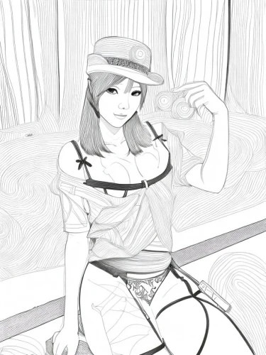 girl sitting,straw hat,relaxed young girl,tied up,mikuru asahina,cowgirl,girl wearing hat,belt with stockings,crossdressing,beret,girl drawing,camera illustration,mono-line line art,retro girl,lazing around,summer hat,line-art,summer line art,girl studying,summer clothing,Design Sketch,Design Sketch,Character Sketch