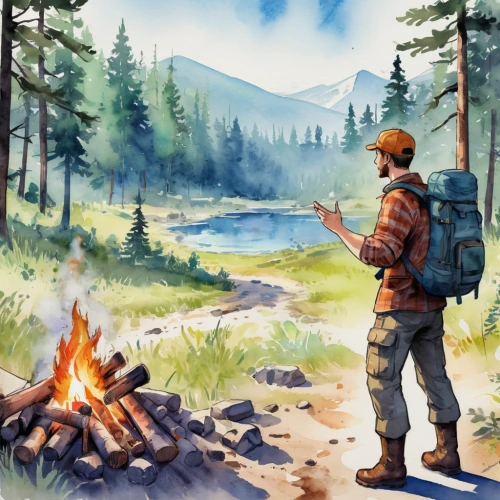 backpacking,game illustration,free wilderness,fishing camping,campfires,campsite,watercolor background,outdoor life,outdoor recreation,wilderness,woodsman,landscape background,camping,camping gear,river pines,lumberjack pattern,hiking equipment,camping equipment,hiker,forest background,Illustration,Paper based,Paper Based 25