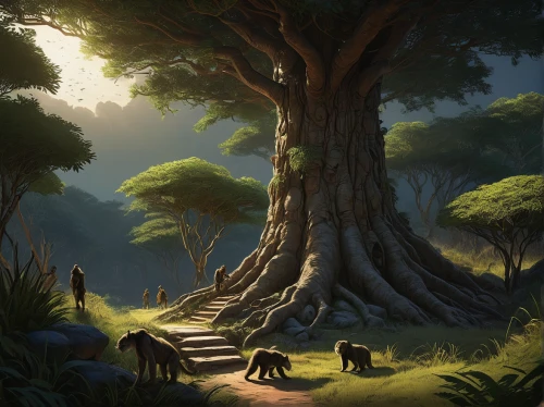 druid grove,monkey island,tree of life,celtic tree,tree grove,old-growth forest,bodhi tree,elven forest,the roots of trees,forest animals,dragon tree,forest tree,cartoon forest,fantasy picture,fantasy landscape,rosewood tree,tree top path,druids,devilwood,flourishing tree,Illustration,Realistic Fantasy,Realistic Fantasy 12