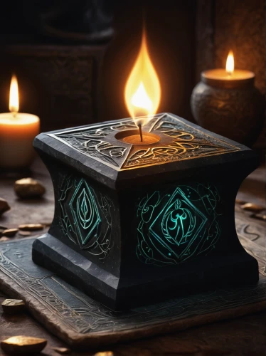 magic grimoire,card box,tea light holder,rupees,a candle,black candle,mosaic tealight,candle holder,mosaic tea light,runes,candle wick,stone lamp,candle,lotus stone,flameless candle,druid stone,tealight,unity candle,constellation pyxis,gift box,Art,Artistic Painting,Artistic Painting 06