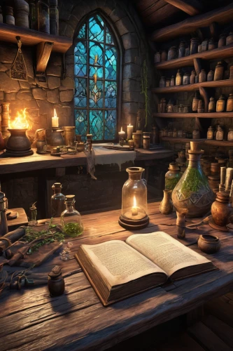 apothecary,candlemaker,potions,alchemy,tinsmith,hobbiton,collected game assets,writing desk,cookery,study room,the kitchen,culinary herbs,parchment,blacksmith,workbench,kitchen interior,victorian kitchen,wooden windows,potion,writing accessories,Conceptual Art,Oil color,Oil Color 24