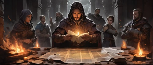 druids,monks,hooded man,the abbot of olib,flickering flame,benedictine,candlemaker,massively multiplayer online role-playing game,game illustration,torches,twelve apostle,divination,debt spell,occult,runes,campfires,ritual,chess pieces,summon,magic grimoire,Unique,Design,Infographics