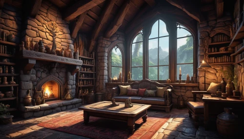apothecary,bookshelves,fireplaces,reading room,fireplace,dandelion hall,study room,sitting room,warm and cozy,bookcase,wooden windows,interiors,wooden beams,hobbiton,fire place,book wall,livingroom,bookshop,collected game assets,ornate room,Conceptual Art,Fantasy,Fantasy 10