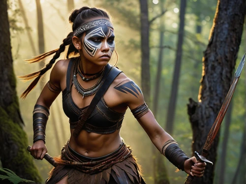 warrior woman,female warrior,maori,aborigine,aboriginal culture,tribal chief,huntress,shamanic,aborigines,shaman,aboriginal,warrior,warrior east,tribal arrows,shamanism,fantasy warrior,bow and arrow,the enchantress,bow and arrows,warrior pose,Illustration,Realistic Fantasy,Realistic Fantasy 34