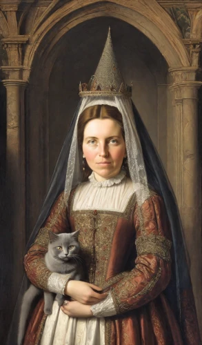 woman holding pie,gothic portrait,portrait of a woman,portrait of christi,girl with dog,portrait of a girl,girl in a historic way,the prophet mary,victorian lady,joan of arc,girl with cloth,maid,woman holding a smartphone,cat sparrow,iulia hasdeu castle,vintage female portrait,victoria crown pigeon,the hat of the woman,woman frog,stepmother,Digital Art,Impressionism