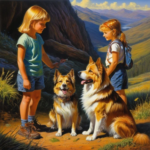 boy and dog,kennel club,girl with dog,english shepherd,children,hunting dogs,oil painting,australian terrier,children's background,little boy and girl,childs,oil painting on canvas,girl and boy outdoor,three dogs,lion children,children drawing,child portrait,cairn terrier,australian silky terrier,children studying,Illustration,Realistic Fantasy,Realistic Fantasy 32