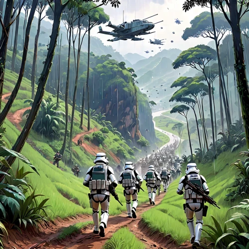 cg artwork,storm troops,patrols,patrol,sci fiction illustration,starwars,star wars,stormtrooper,imperial shores,forest workers,imperial,troop,world digital painting,pathfinders,hikers,guards of the canyon,travelers,federal army,concept art,droids,Anime,Anime,Realistic