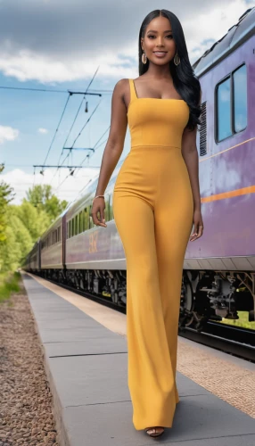 plus-size model,yellow jumpsuit,the girl at the station,rail road,through-freight train,plus-size,rail track,ebony,african american woman,plus-sized,yellow line,mind the gap,black women,freight train,train,birthday train,the train,rail way,railroad track,jr train