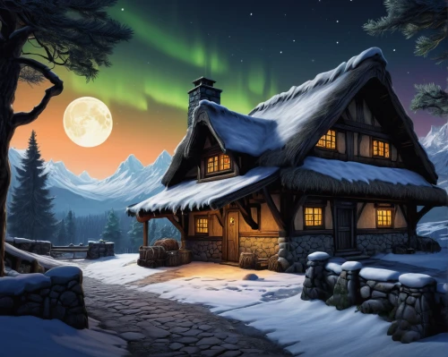 nordic christmas,christmas landscape,christmas snowy background,winter house,christmasbackground,winter village,aurora village,winter background,northen lights,the northern lights,north pole,northrend,northen light,northern light,christmas scene,christmas background,lapland,christmas wallpaper,fantasy picture,norther lights,Illustration,Black and White,Black and White 15