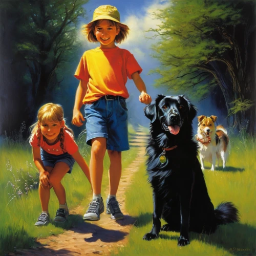 walking dogs,walk with the children,boy and dog,dog walking,hunting dogs,dog walker,boykin spaniel,happy children playing in the forest,three dogs,children's background,children,kennel club,flat-coated retriever,color dogs,labrador retriever,black shepherd,girl with dog,playing dogs,oil painting,oil painting on canvas,Illustration,Realistic Fantasy,Realistic Fantasy 32