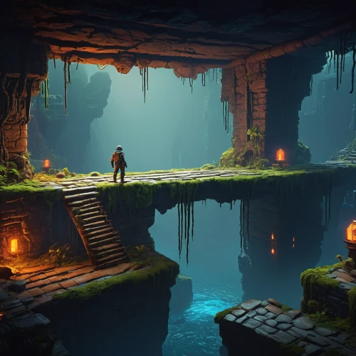 underground lake,chasm,game art,dungeon,cave on the water,the mystical path,descent,adventure game,game illustration,monkey island,cave,hollow way,fantasy landscape,exploration,pathway,the path,dungeons,development concept,cave tour,flooded pathway,Photography,General,Sci-Fi