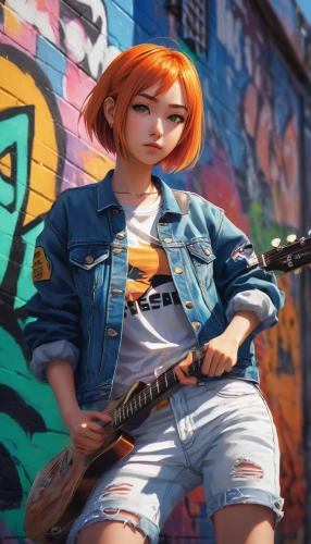 ukulele,painted guitar,guitar,guitar player,girl with gun,street musician,girl with a gun,musician,transistor,nora,playing the guitar,rockabella,rock band,electric guitar,concert guitar,clementine,jean jacket,guitarist,epiphone,violin woman,Illustration,Japanese style,Japanese Style 05