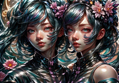 twin flowers,gemini,falling flowers,cluster-lilies,sirens,two girls,mirror image,kahila garland-lily,fairies,flowers celestial,lilies,mirrored,meridians,masquerade,fantasy portrait,porcelain dolls,mirror of souls,kiss flowers,blossoms,three flowers