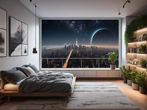 sky space concept,sky apartment,futuristic landscape,bedroom window,space art,modern room,room divider,great room,sleeping room,window view,large space,dream,dreams,big window,cityscape,wall decoration,skycraper,modern decor,window curtain,window covering,Art,Artistic Painting,Artistic Painting 48