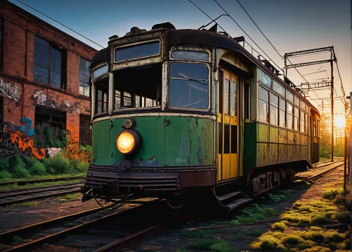 memphis tennessee trolley,street car,electric train,railroad car,disused trains,green train,streetcar,trolley train,railway carriage,old train,electric locomotive,wooden railway,rail car,tramway,passenger train,passenger car,trolley,the lisbon tram,brocken railway,abandoned rusted locomotive,Illustration,American Style,American Style 03