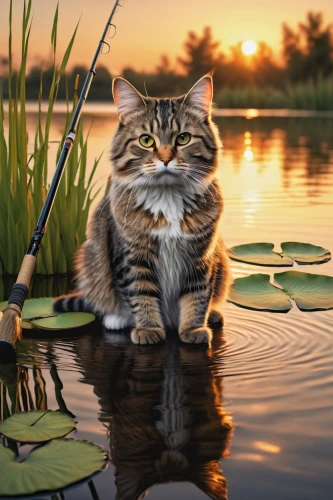 waiting for fish,chinese pastoral cat,fishing,fisherman,fishing float,fly fishing,cattail,siberian cat,animal photography,american bobtail,big-game fishing,cat image,perched on a log,cat warrior,cattails,maincoon,lily pad,angling,lily pads,cute cat,Photography,Fashion Photography,Fashion Photography 24