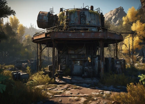 fallout4,wasteland,industrial ruin,metal rust,water tank,fallout,salvage yard,rusting,mining facility,abandoned rusted locomotive,lost place,lostplace,watertower,oil tank,water well,croft,fresh fallout,research station,the ruins of the,rusted,Illustration,Paper based,Paper Based 19