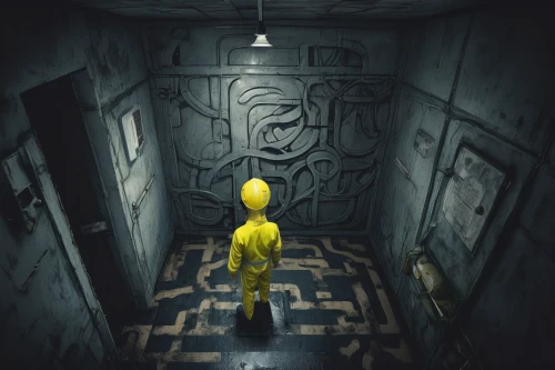 penumbra,creepy doorway,yellow jumpsuit,adventure game,live escape game,play escape game live and win,yellow light,it,yellow wallpaper,action-adventure game,basement,dungeon,asylum,hall of the fallen,the morgue,yellow chicken,hallway,the door,yellow wall,abandoned room,Illustration,Realistic Fantasy,Realistic Fantasy 19