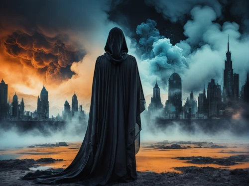 heroic fantasy,apocalypse,fantasy picture,grim reaper,the conflagration,dark world,grimm reaper,city in flames,black city,death god,apocalyptic,wither,cleanup,hooded man,ghost castle,cloak,sci fiction illustration,the abbot of olib,photomanipulation,dance of death,Photography,Artistic Photography,Artistic Photography 07