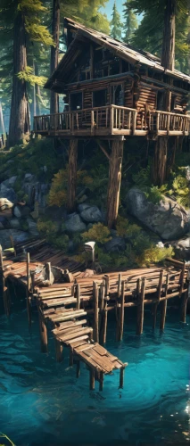 wooden bridge,log bridge,wooden pier,dock,fishing pier,docks,boat dock,water mill,boathouse,house by the water,lakeside,fishing classes,hangman's bridge,house with lake,mountain spring,fisherman's house,devilwood,imperial shores,waterside,summer cottage,Conceptual Art,Fantasy,Fantasy 26