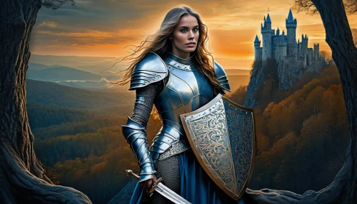 female warrior,heroic fantasy,swordswoman,fantasy picture,fantasy art,fantasy portrait,warrior woman,joan of arc,paladin,knight armor,excalibur,castleguard,fantasy woman,celtic queen,cullen skink,elven,eufiliya,silver arrow,digital compositing,knight village,Illustration,Realistic Fantasy,Realistic Fantasy 40