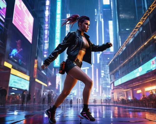 cyberpunk,tracer,sci fiction illustration,sprint woman,female runner,cg artwork,pedestrian,time square,neon lights,futuristic,city trans,streampunk,digital compositing,times square,callisto,game art,woman walking,a pedestrian,concept art,roller skating,Illustration,Paper based,Paper Based 09