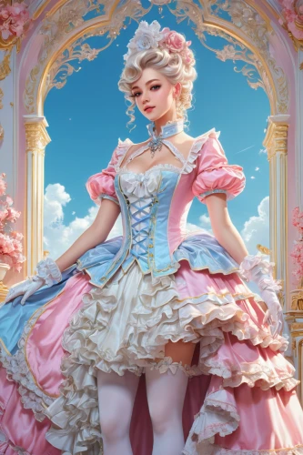 rococo,cinderella,fairy tale character,crinoline,victorian lady,hoopskirt,alice,fantasy portrait,3d fantasy,baroque angel,rosa 'the fairy,overskirt,wonderland,fantasy girl,frilly,ball gown,baroque,stylized macaron,tea party collection,eglantine,Conceptual Art,Fantasy,Fantasy 24