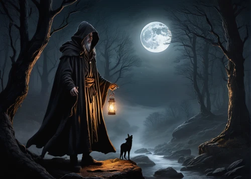 grimm reaper,grim reaper,hooded man,halloween poster,dance of death,the night of kupala,halloween illustration,fantasy picture,lamplighter,dark art,halloween and horror,sci fiction illustration,reaper,pall-bearer,light bearer,moon phase,witch house,fantasy art,gothic,dark gothic mood,Illustration,Black and White,Black and White 35