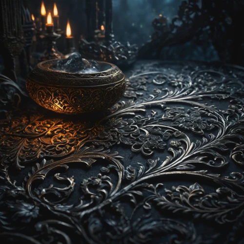 cauldron,tealight,candlelight,ornate room,the throne,ornate,4k wallpaper,full hd wallpaper,candlelights,crown render,antique background,dark art,scroll wallpaper,background image,place setting,a candle,candlemaker,incense burner,golden candlestick,black candle,Photography,General,Fantasy