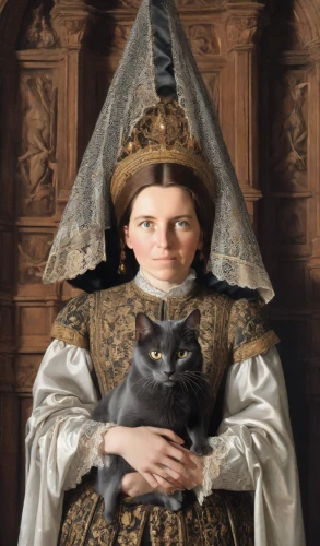 gothic portrait,cat european,tudor,cat sparrow,girl in a historic way,portrait of christi,napoleon cat,holbein,cat image,the hat of the woman,margaret,the witch,victorian lady,imperial coat,she-cat,overskirt,cat portrait,folk costume,cat,stepmother,Photography,Natural