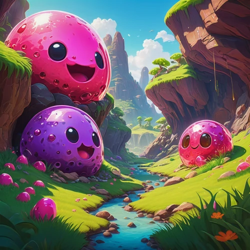 blobs,game illustration,poppy family,kawaii snails,game art,mushroom landscape,watermelon wallpaper,kawaii frogs,kawaii cactus,kirby,watermelon background,pitaya,three-lobed slime,toadstools,dragonfruit,fallen giants valley,alien planet,wall,matrioshka,acid lake,Illustration,Realistic Fantasy,Realistic Fantasy 18