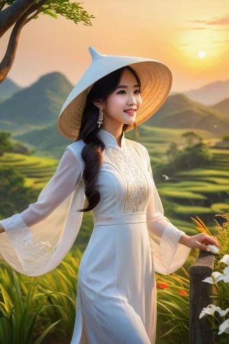 vietnamese woman,ao dai,landscape background,miss vietnam,viet nam,spring background,springtime background,girl in a long dress,golf course background,portrait background,vietnam,divine healing energy,country dress,background view nature,vietnam vnd,asian woman,fantasy picture,idyllic,china massage therapy,image manipulation,Illustration,Realistic Fantasy,Realistic Fantasy 01