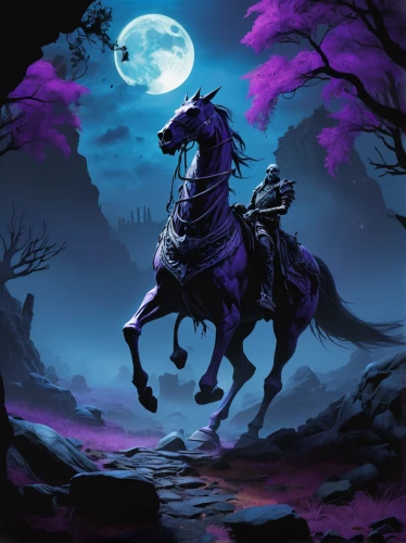 black horse,bronze horseman,horseman,halloween background,purple moon,unicorn background,fantasy picture,purple landscape,halloween wallpaper,purple,halloween illustration,purple background,two-horses,halloween poster,purple wallpaper,alpha horse,horseback,wall,man and horses,horsemen,Illustration,Black and White,Black and White 06