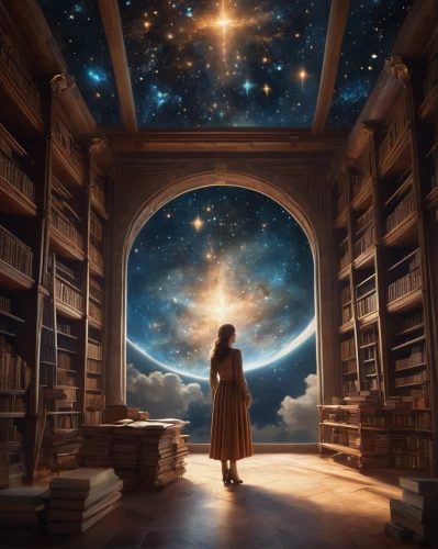 sci fiction illustration,astronomer,fantasy picture,magic book,books,open book,astral traveler,astronomy,mystical portrait of a girl,bookstore,the universe,inner space,bookshop,book store,the books,librarian,space art,bibliology,imagination,read a book,Photography,General,Cinematic