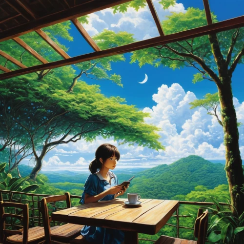 little girl reading,studio ghibli,children studying,girl studying,classroom,children's background,study room,tea garden,landscape background,woman at cafe,world digital painting,girl with tree,girl and boy outdoor,tearoom,cafe,japanese restaurant,japanese background,child with a book,children's room,art painting,Illustration,Japanese style,Japanese Style 18