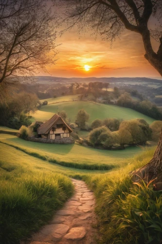 hobbiton,home landscape,rural landscape,landscape background,green landscape,beautiful landscape,nature landscape,landscapes beautiful,farm landscape,landscape nature,countryside,meadow landscape,fantasy landscape,rolling hills,lonely house,peak district,spring morning,landscape photography,landscapes,idyll,Illustration,Realistic Fantasy,Realistic Fantasy 02