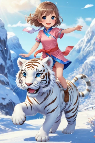 siberian tiger,winter animals,tigerle,tigers,white tiger,asian tiger,bengal tiger,snow scene,a tiger,tiger,young tiger,tiger cub,cute cartoon image,girl and boy outdoor,children's background,kids illustration,snow slope,royal tiger,snow leopard,blue tiger,Illustration,Japanese style,Japanese Style 01