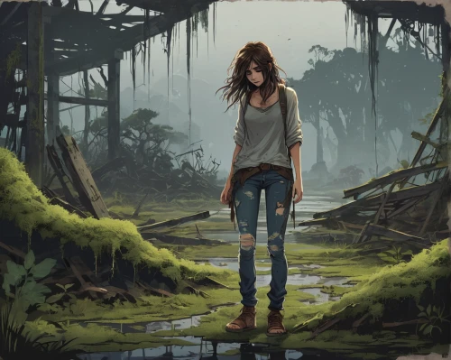 croft,wander,swampy landscape,lost place,swamp,wanderer,girl walking away,bayou,lostplace,wetland,wetlands,forest walk,walking in the rain,world digital painting,wasteland,overgrown,marsh,backwater,lost places,in the forest,Illustration,Japanese style,Japanese Style 06